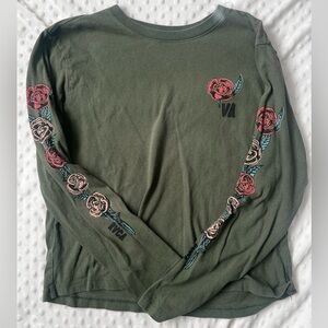 RVCA Olive Long Sleeve Top with Floral Accents